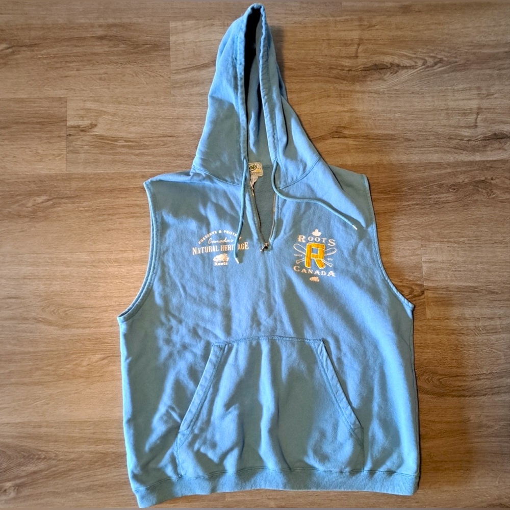 L/XL | ROOTS: Men’s Vintage Sleeveless Hoodie | Powder Blue